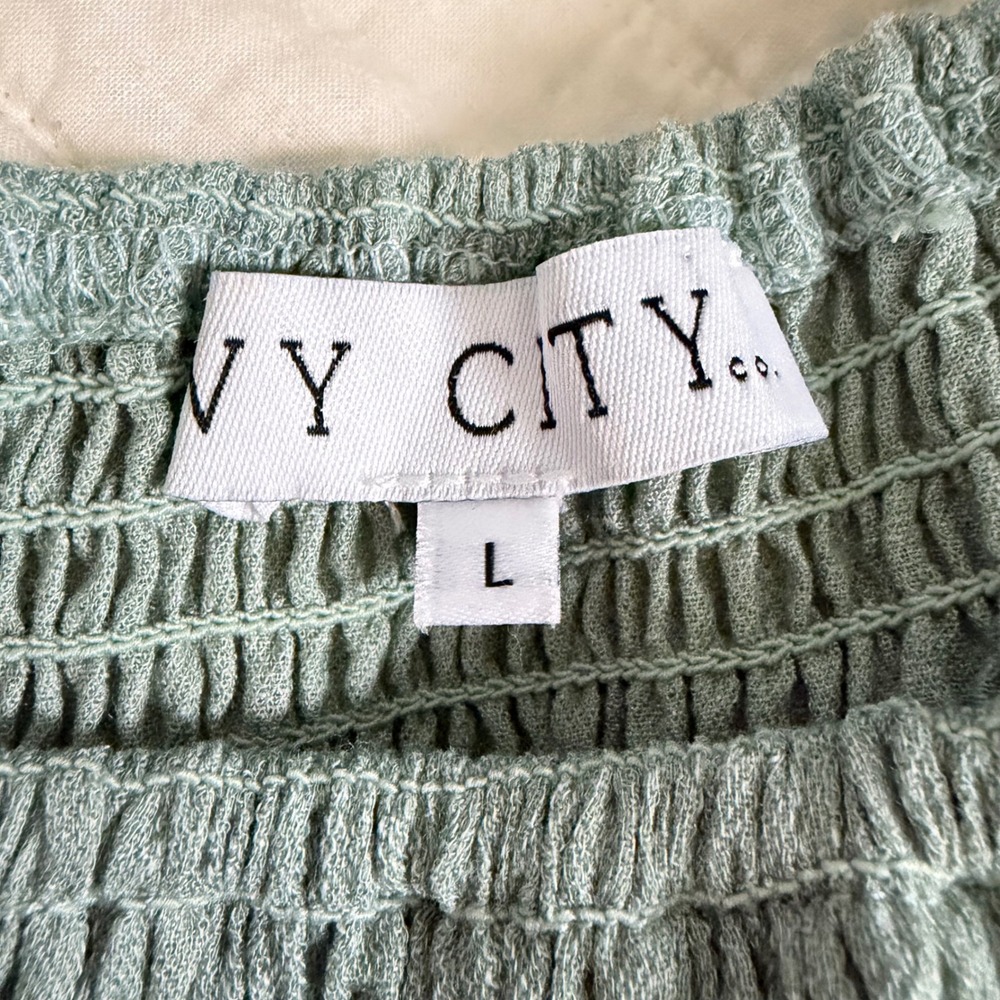 Ivy City Co Sage Green Smocked Cotton Midi Dress Puff Sleeve Large Cottagecore - Picture 6 of 10